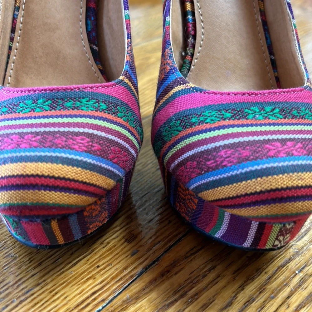 Top Moda fabric platform heels.  Pink, purple, mustard, blue & green. Size 6.